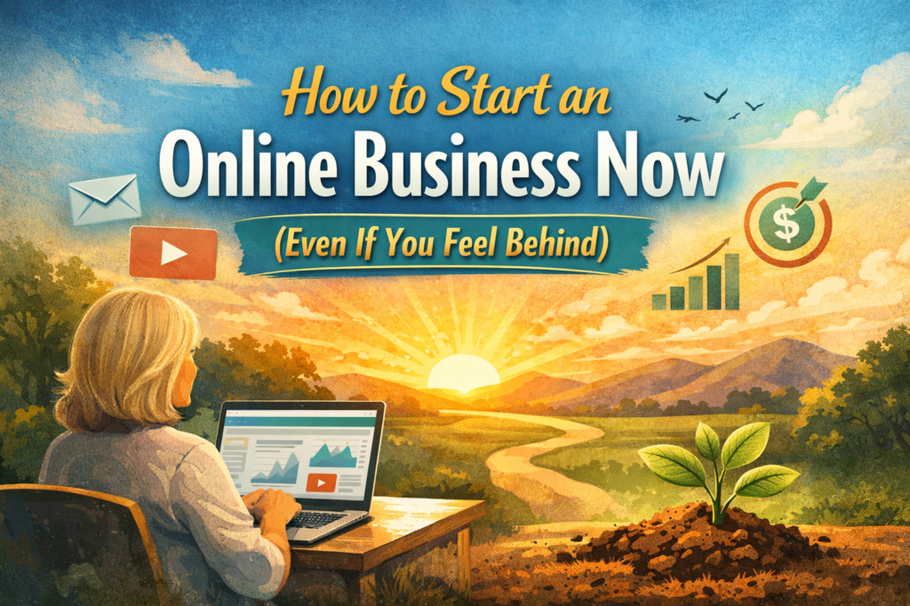 Woman working on laptop at sunrise symbolizing how to start an online business now