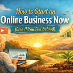 Woman working on laptop at sunrise symbolizing how to start an online business now