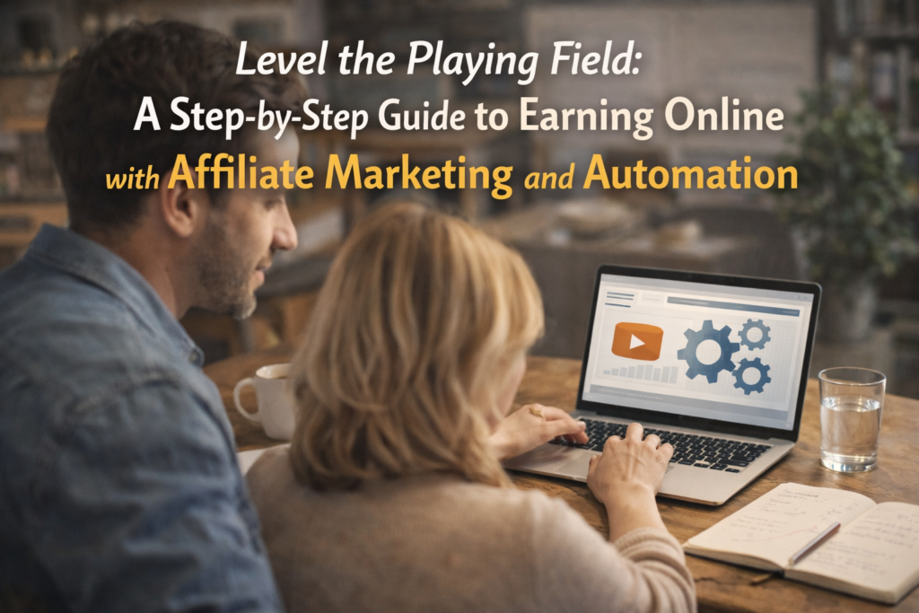 Couple working on laptop building affiliate marketing business with automation