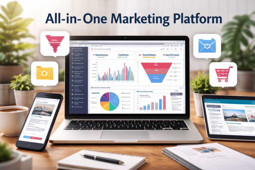 computer screen with all in one marketing