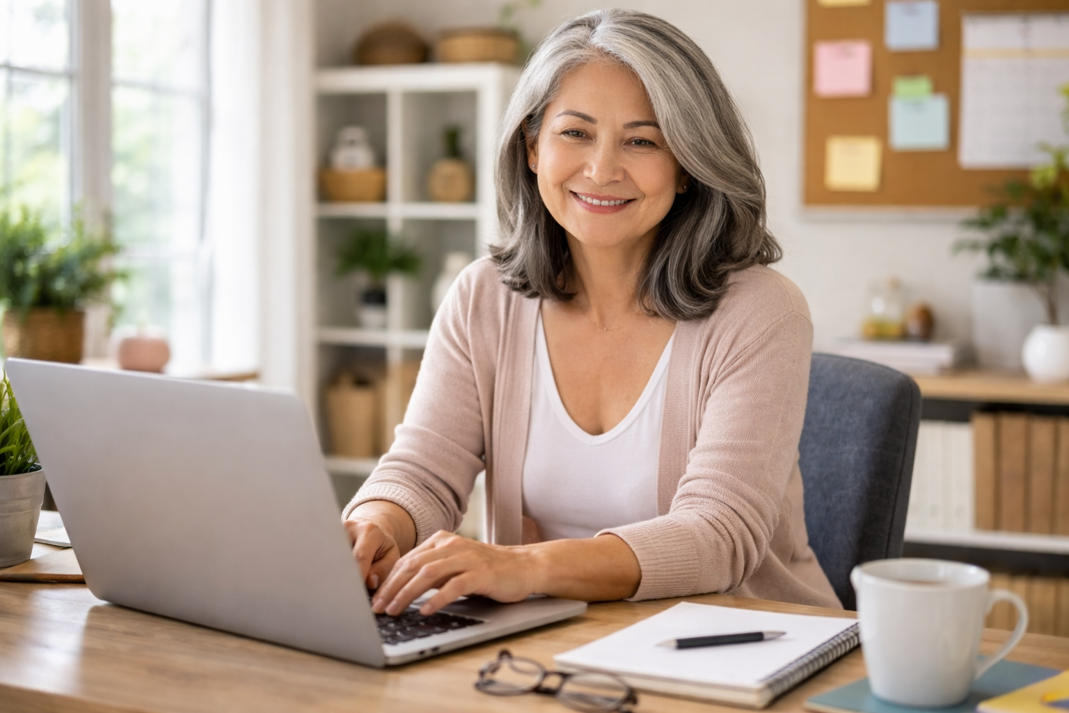 Woman 50+ working on her laptom