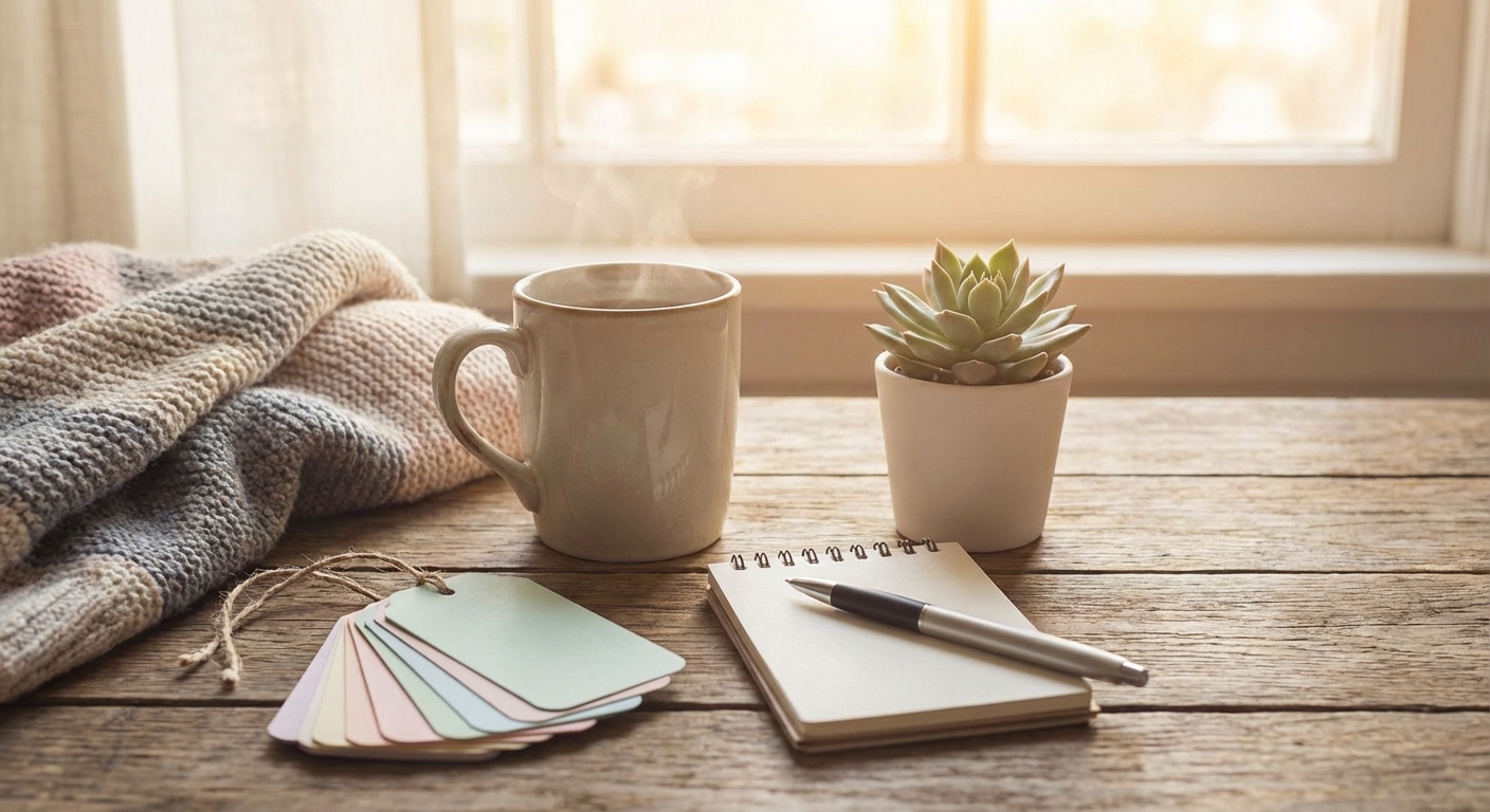 color swatches, pad with paper sitting near coffee cup
