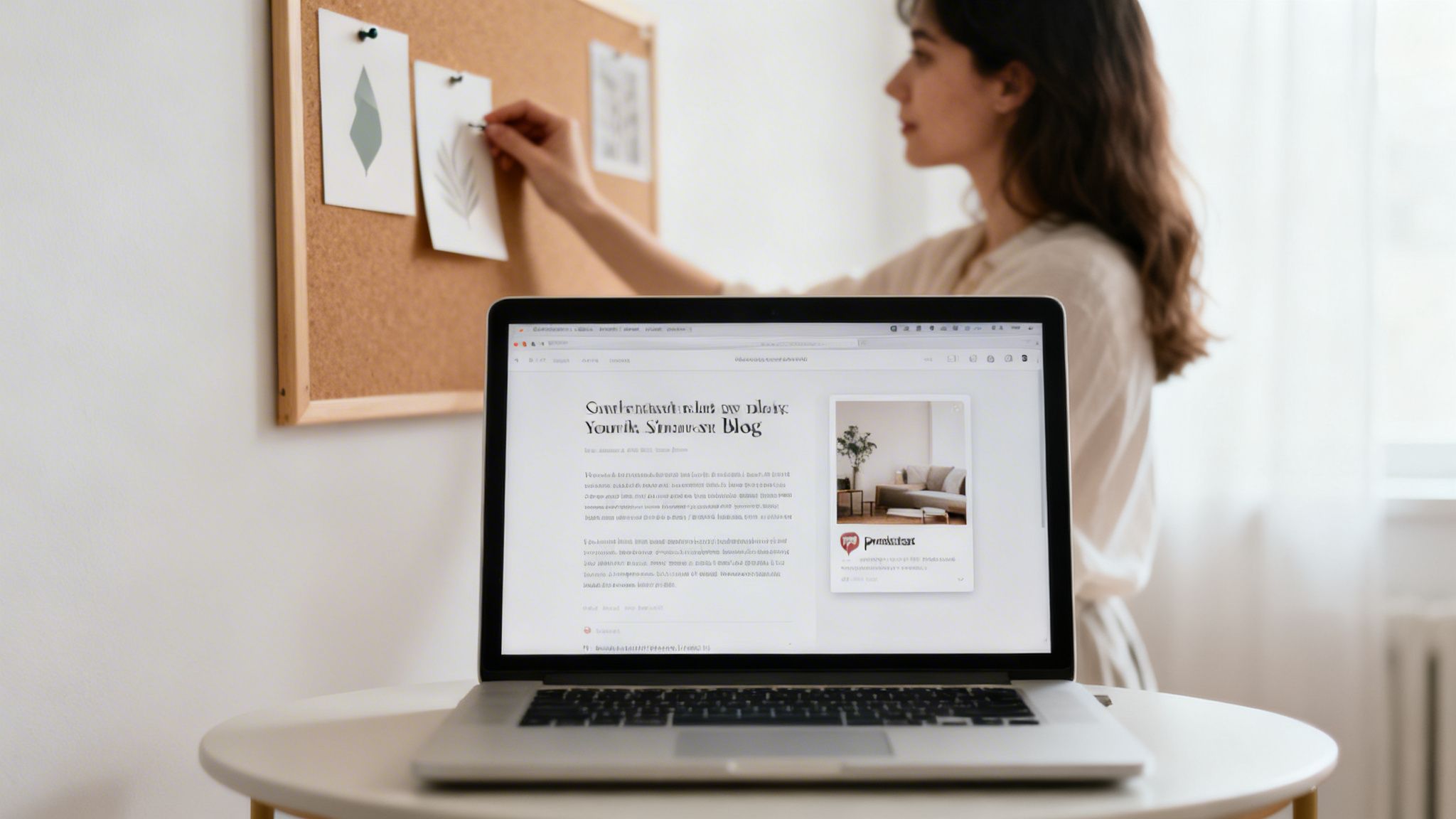 A woman pins minimalist illustrations to a cork board while a laptop displays a blog post.