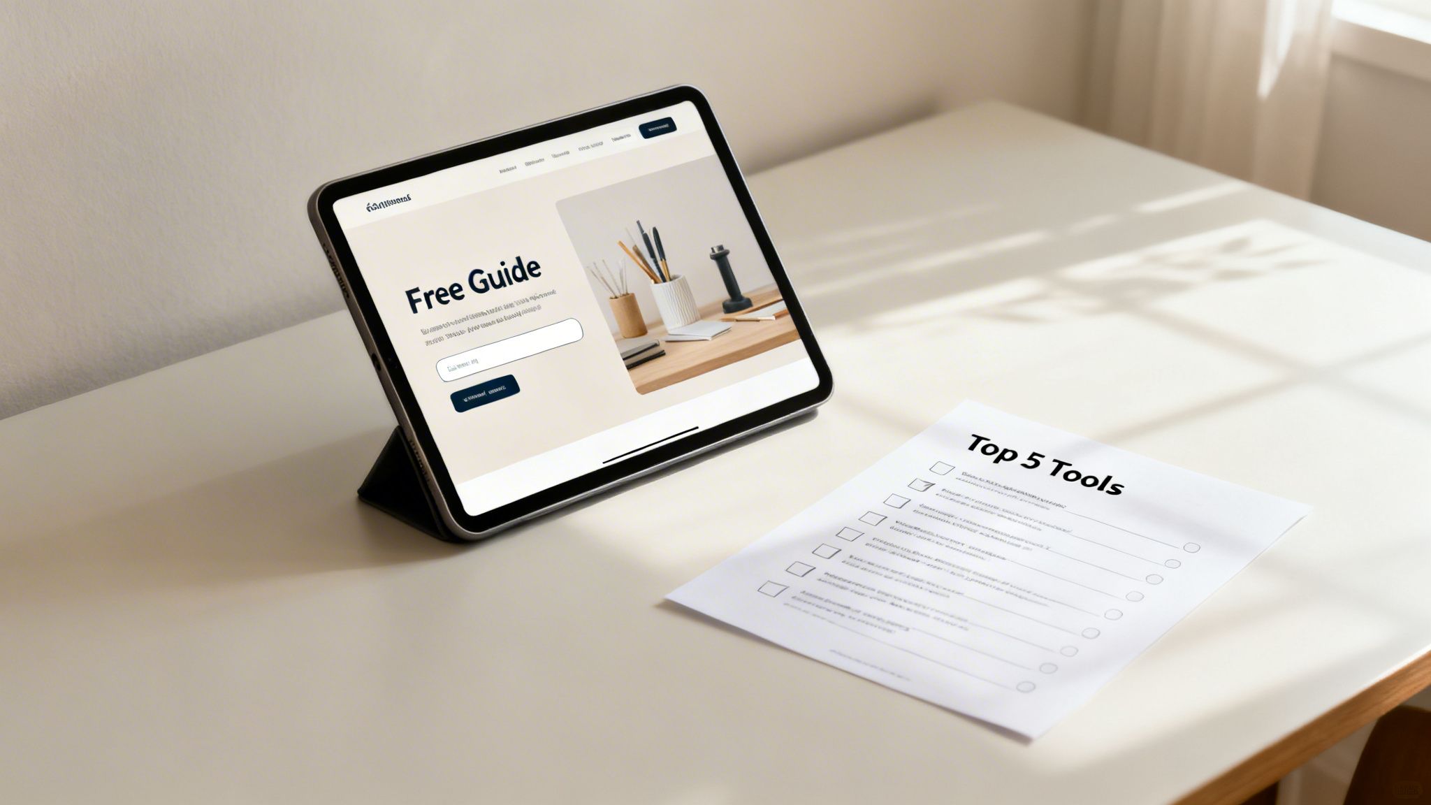 A tablet on a desk displays a 'Free Guide' webpage next to a 'Top 5 Tools' checklist.