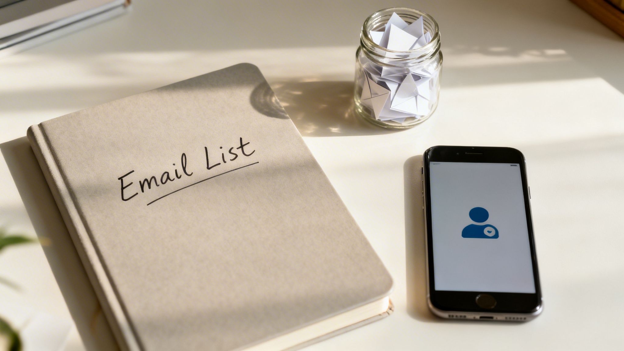 A notebook titled 'Email List' next to a jar of papers and a phone with a contact icon.