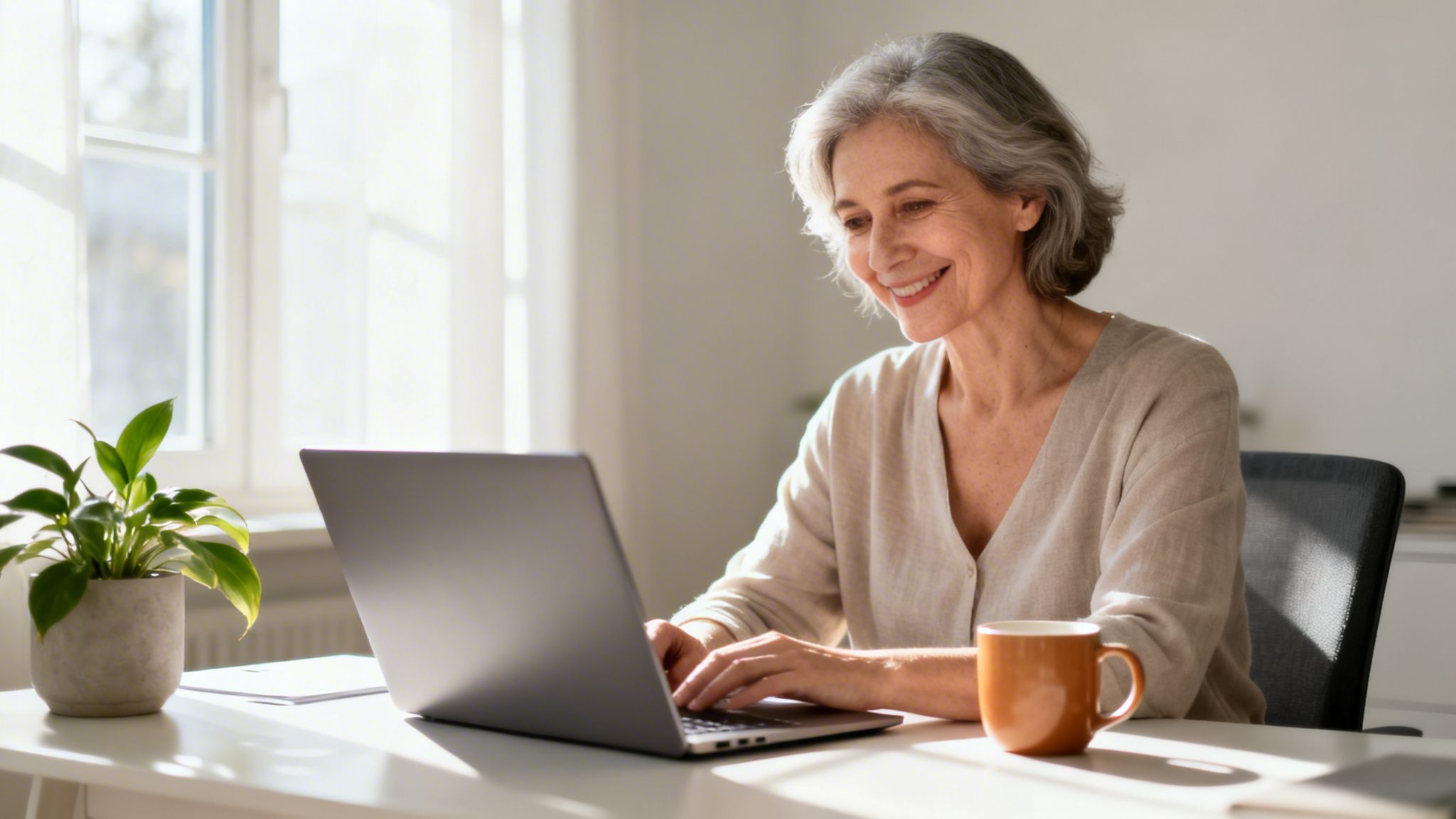 Smiling senior woman with grey hair working on laptop at sunny home office desk.