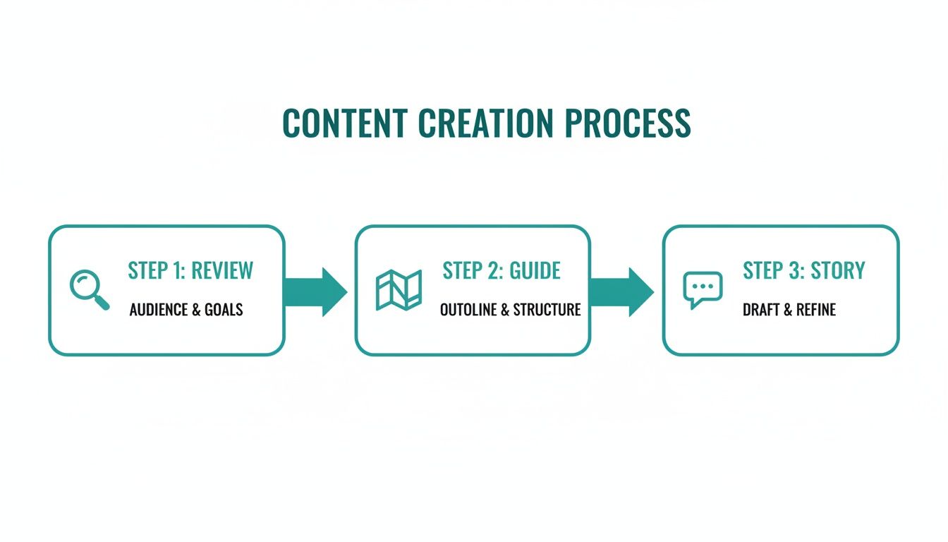A three-step content creation process flowchart: Review, Guide, and Story, detailing each stage.