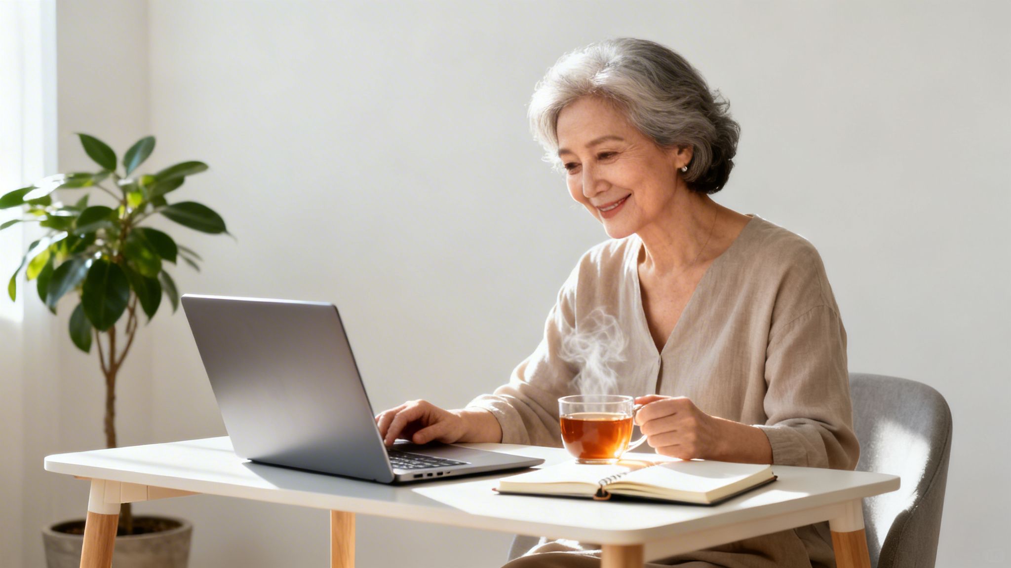 A happy senior Asian woman uses a laptop while enjoying a steaming cup of tea at a desk.