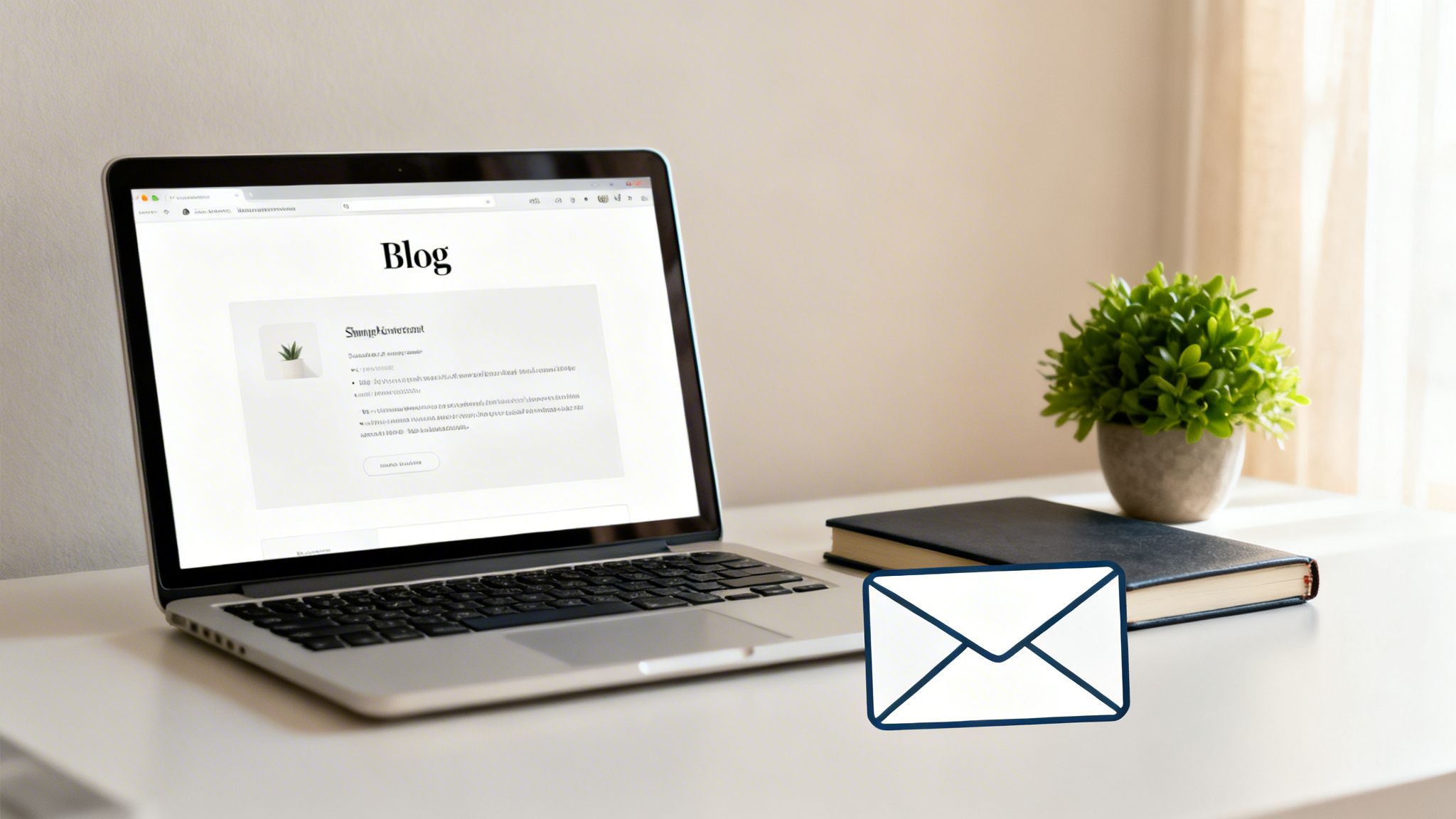 A laptop displaying a blog page, a green plant, and a book on a white desk, with an email icon overlay.