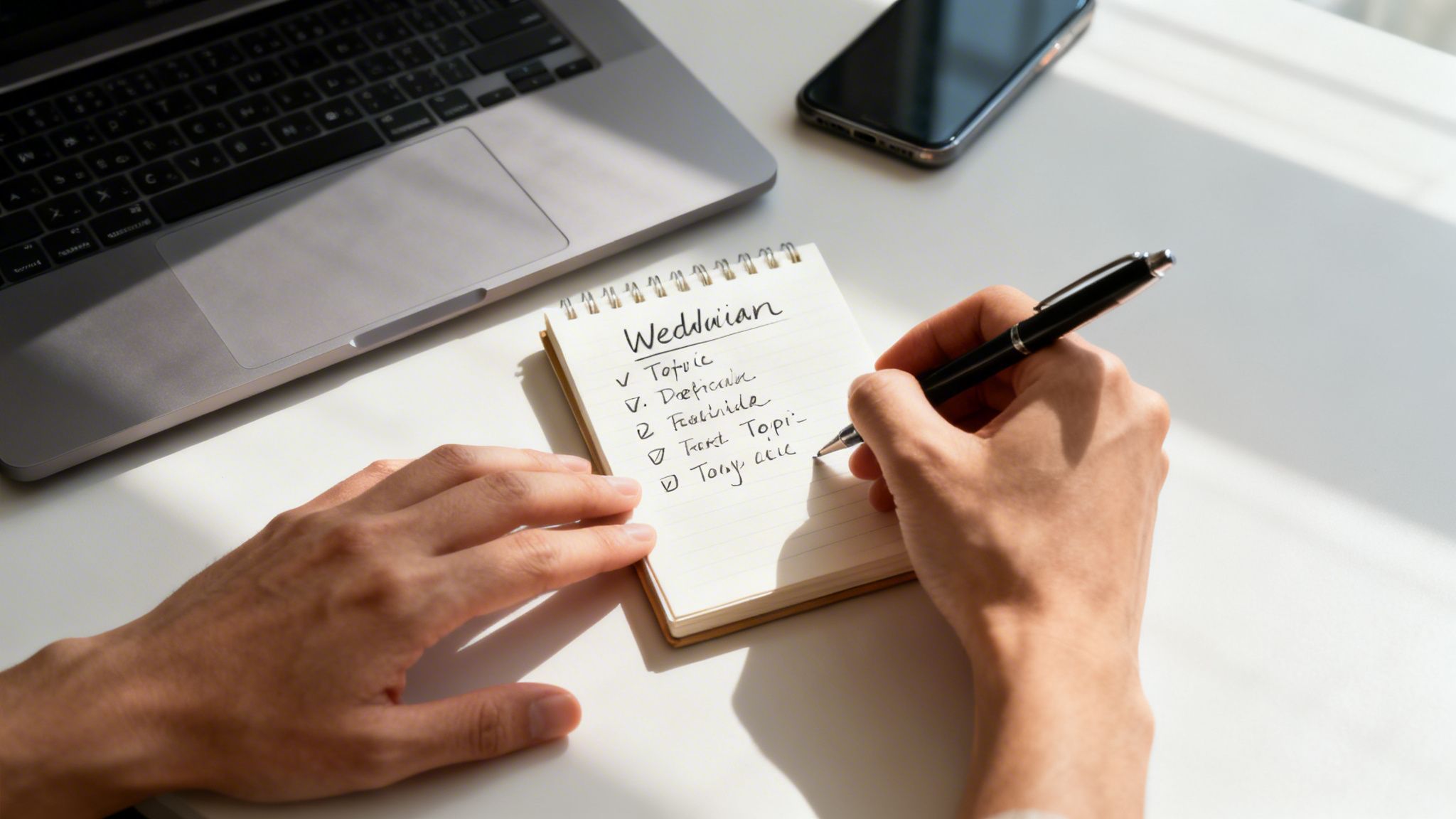 Person's hands writing a checklist in a spiral notebook, with a laptop and smartphone nearby on a white desk.