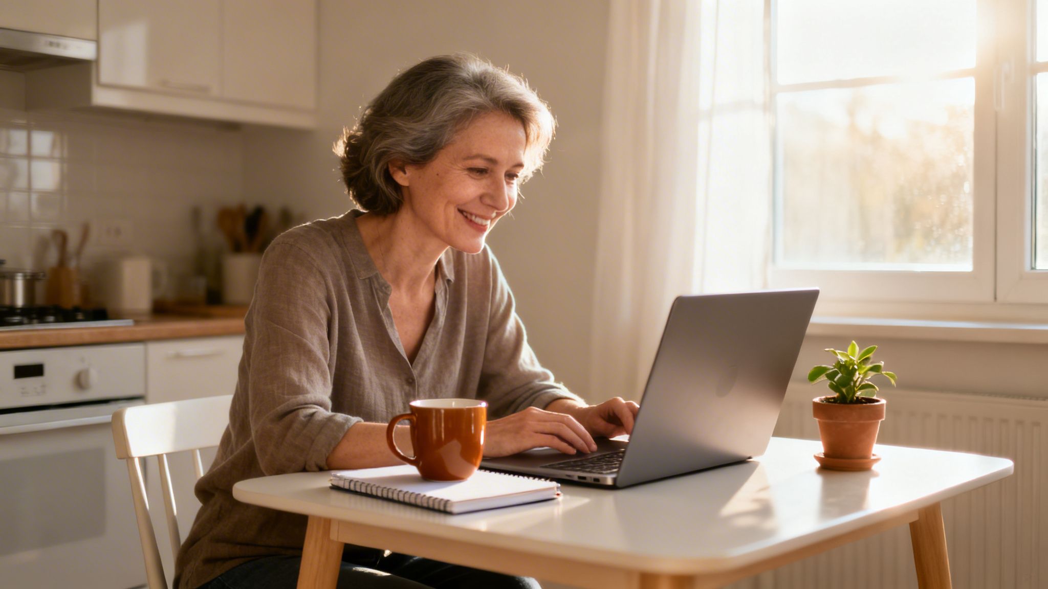 Smiling mature woman with grey hair working on laptop at a bright home office table.