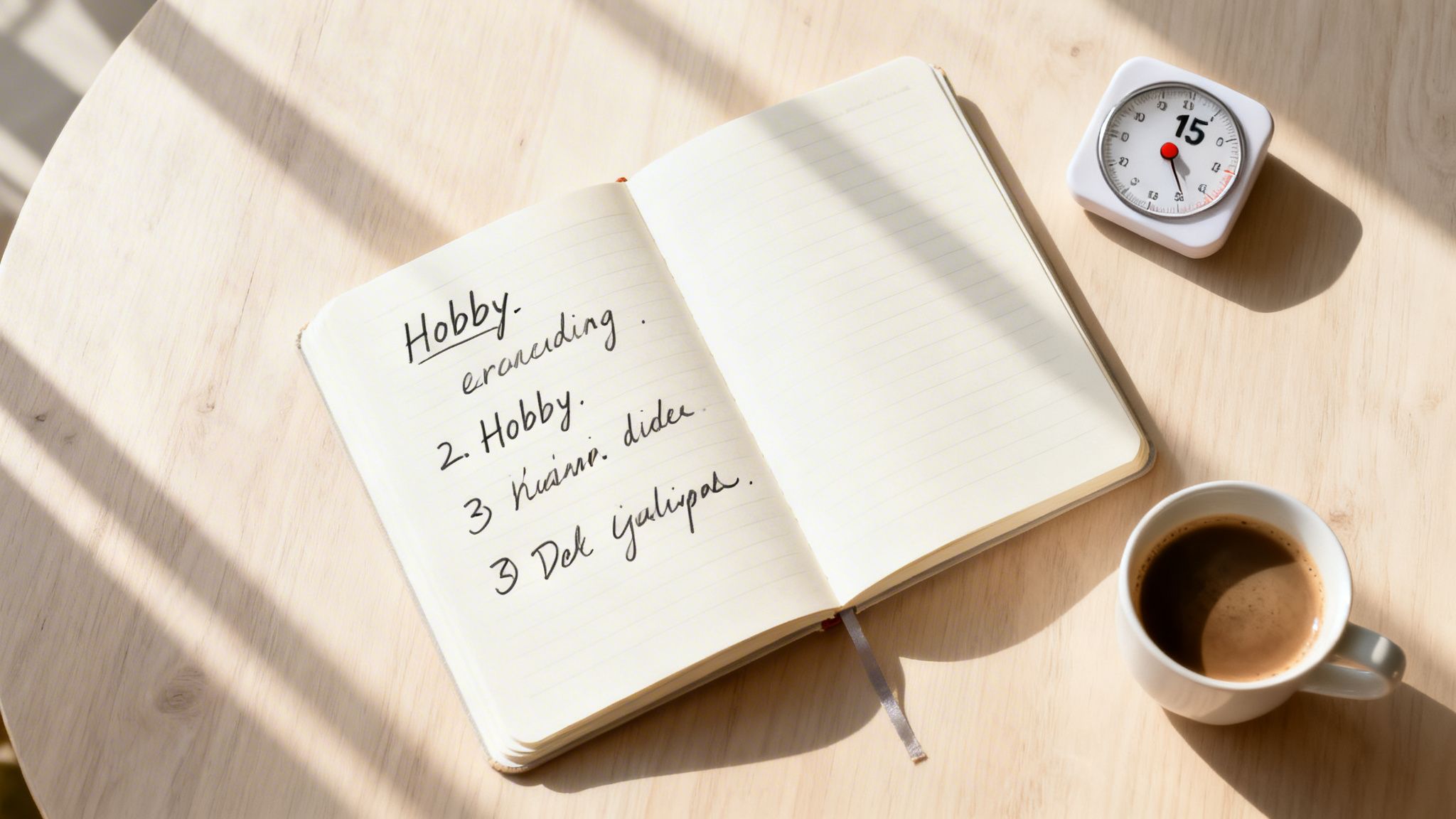 A flat lay of a notebook with handwritten hobbies, a timer, and coffee on a wooden table.