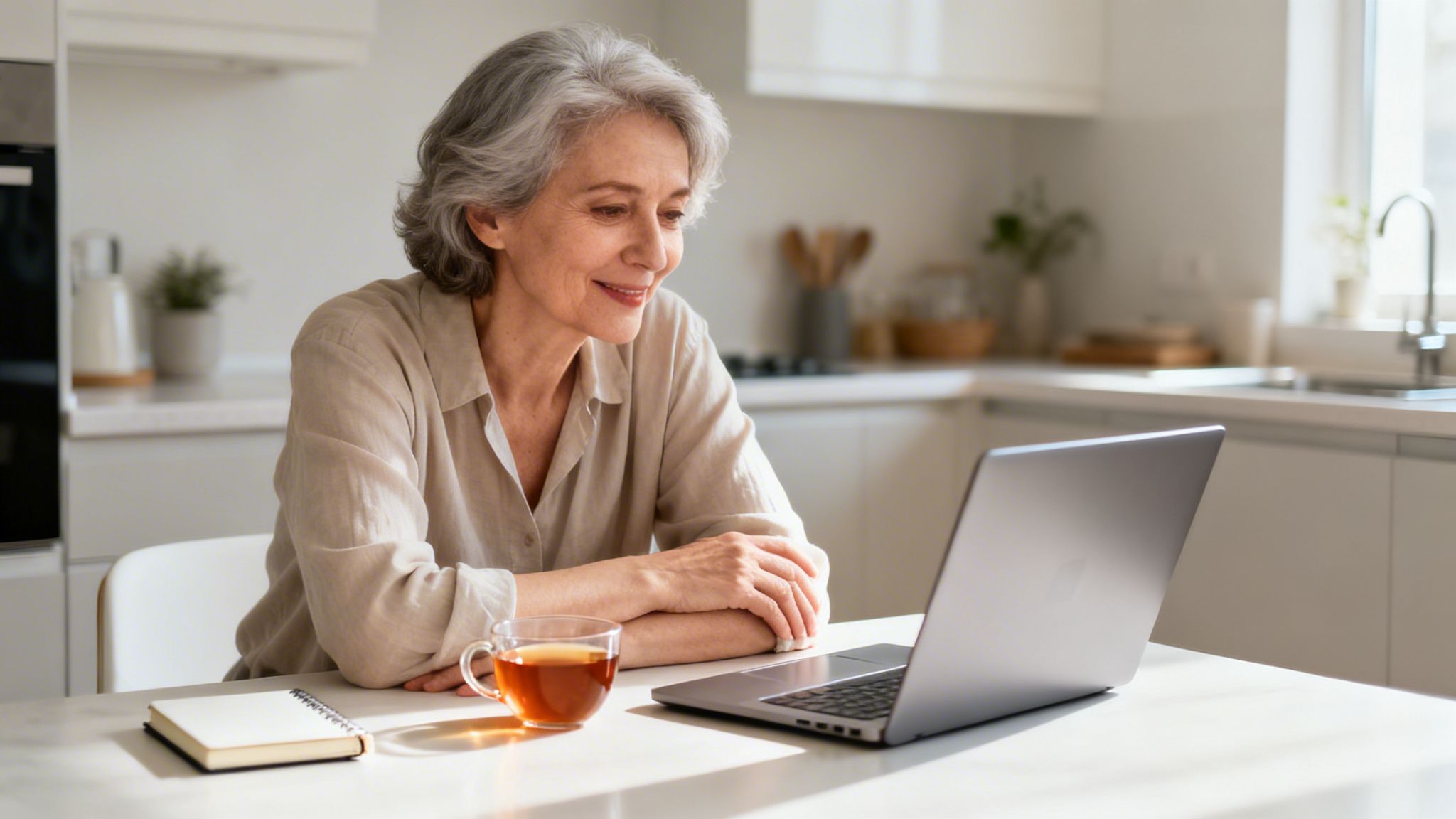 A happy senior woman uses a laptop at a kitchen table with tea and a notebook.