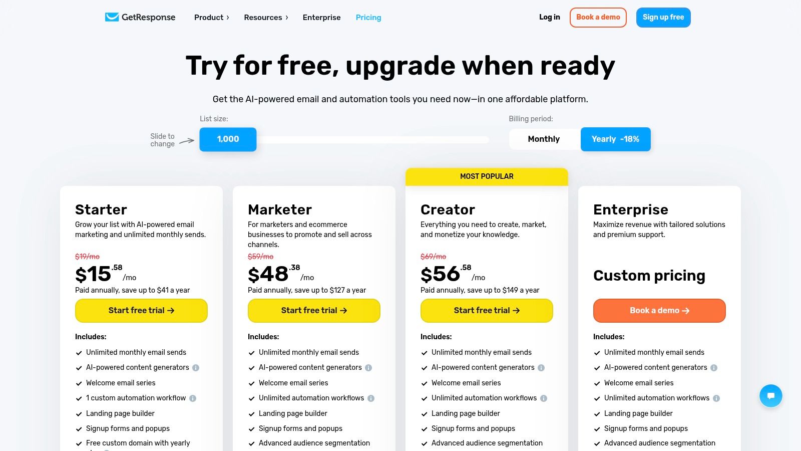 GetResponse email pricing