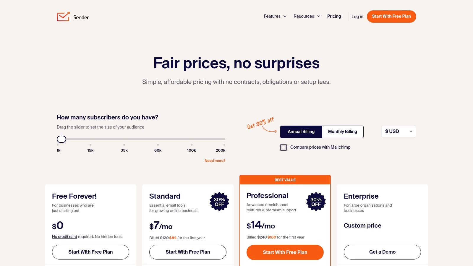 Sender Pricing Page