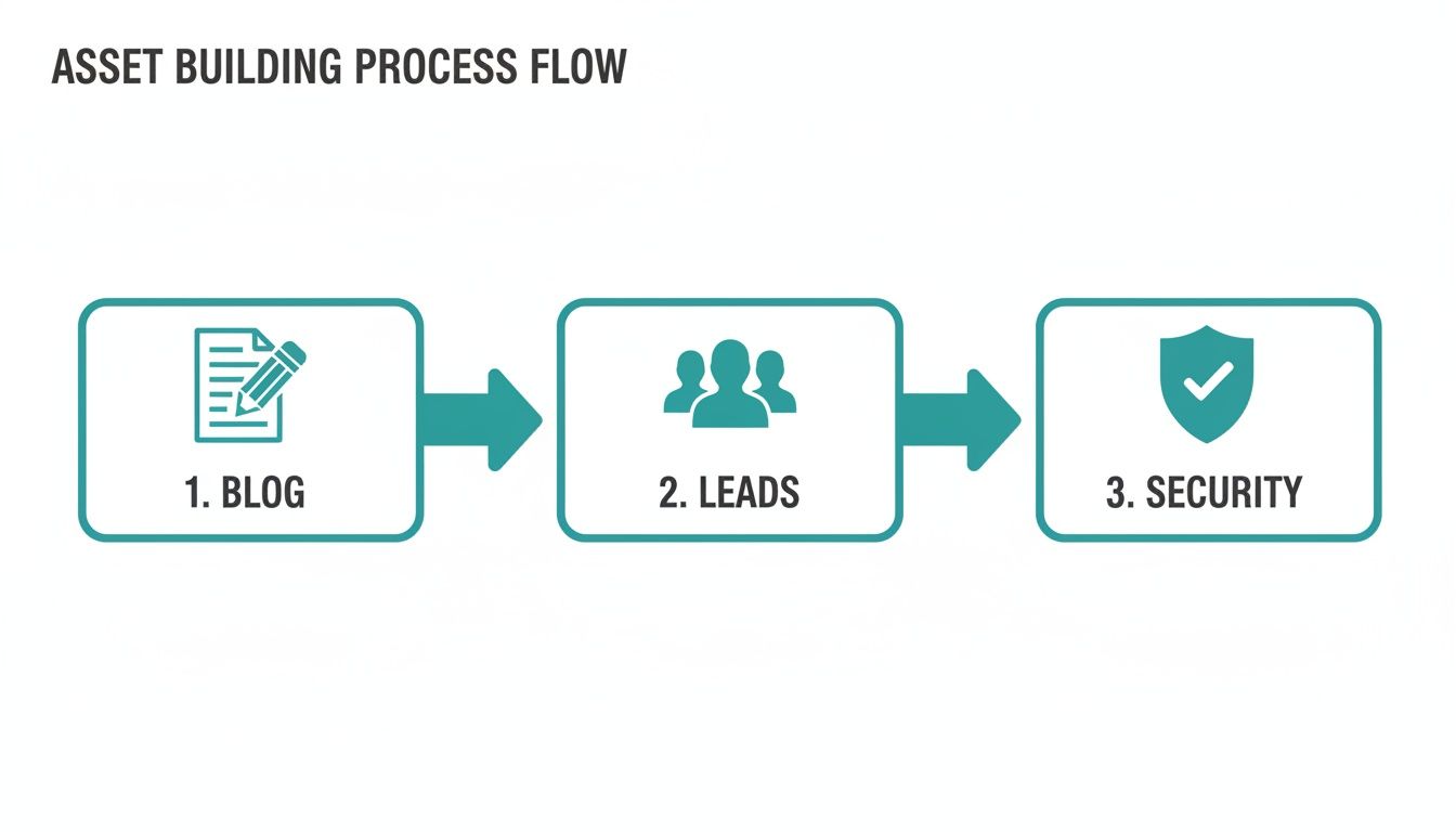 A diagram illustrating the asset building process flow from blog creation to generating leads and ensuring security.