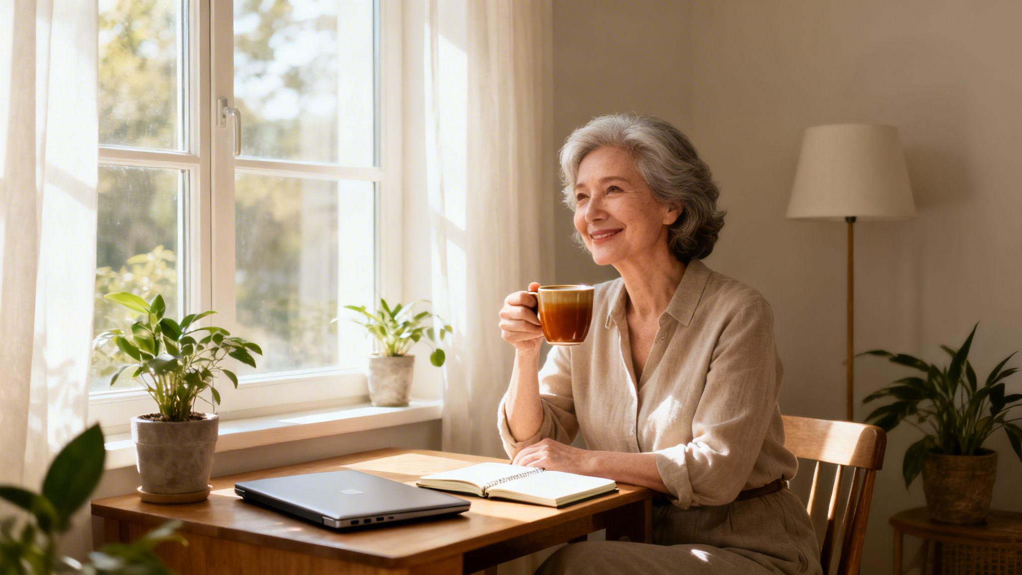 A serene elderly woman sips coffee by a sunlit window, with a laptop and notebook.