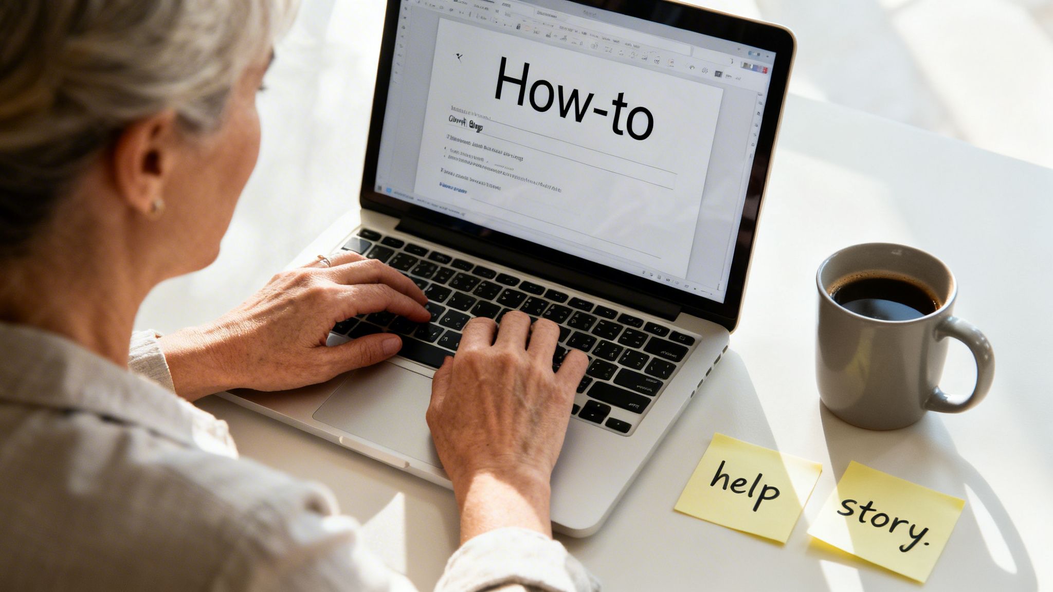 An older person types a 'How-to' guide on a laptop with coffee and sticky notes nearby.