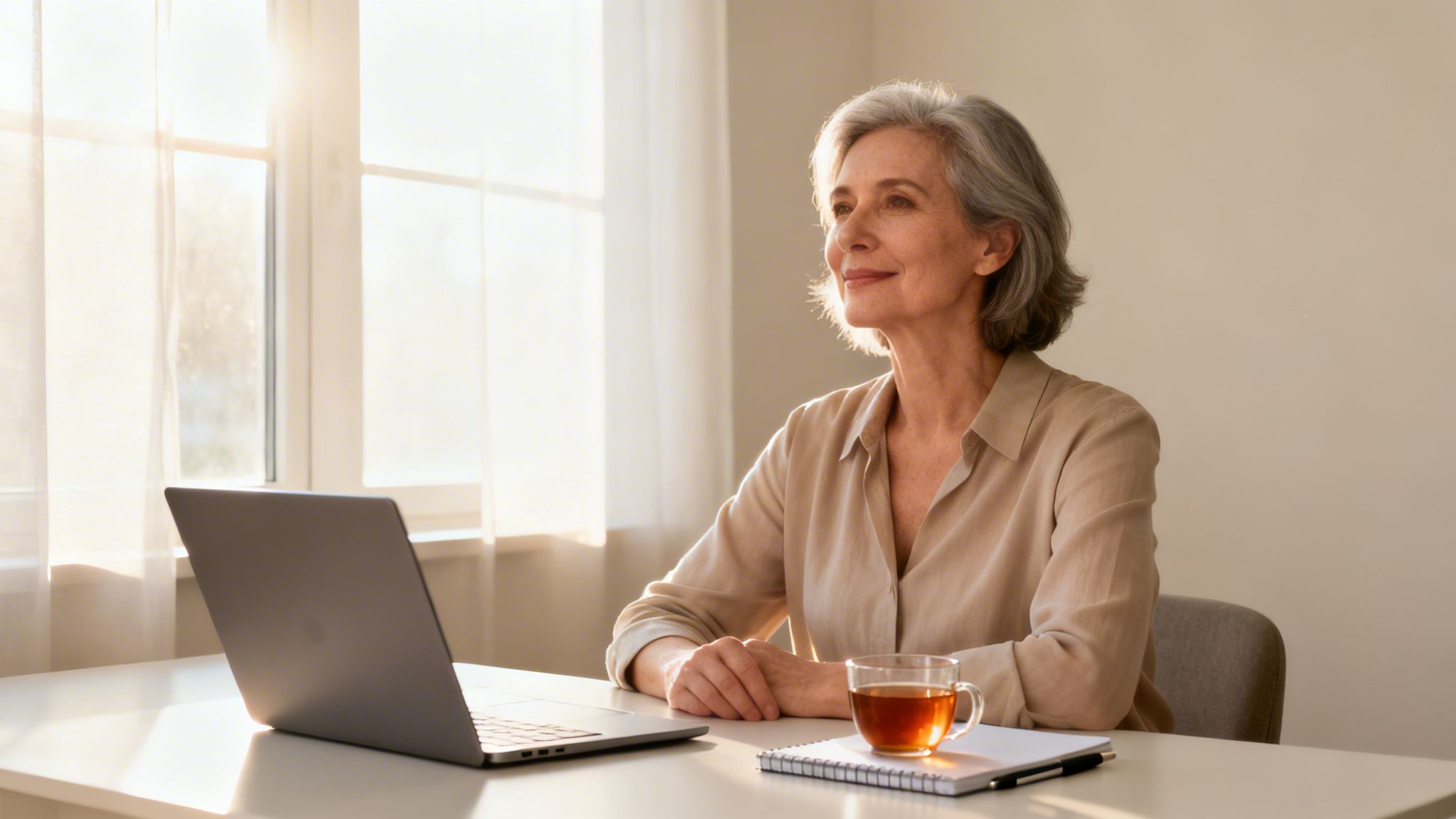 Happy mature woman looking out a window, sitting at a desk with a laptop, tea, and notebook.