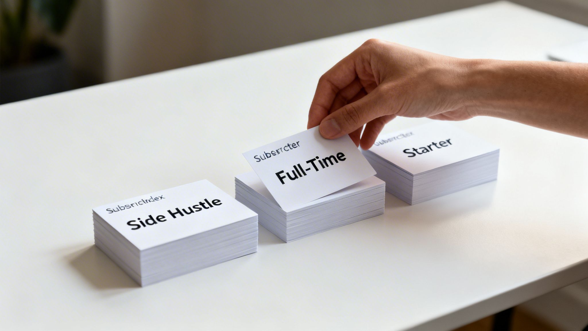 A hand selects a 'Full-Time' card from a stack, with 'Side Hustle' and 'Starter' cards visible.