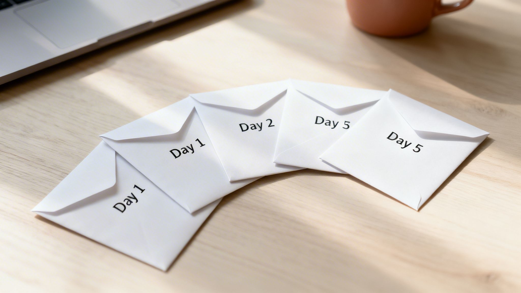 White envelopes labeled 'Day 1', 'Day 2', 'Day 5' arranged on a wooden desk next to a laptop.