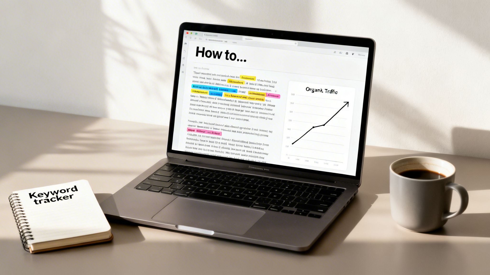 Laptop displaying SEO content and an organic traffic graph, alongside a keyword tracker notebook and coffee.