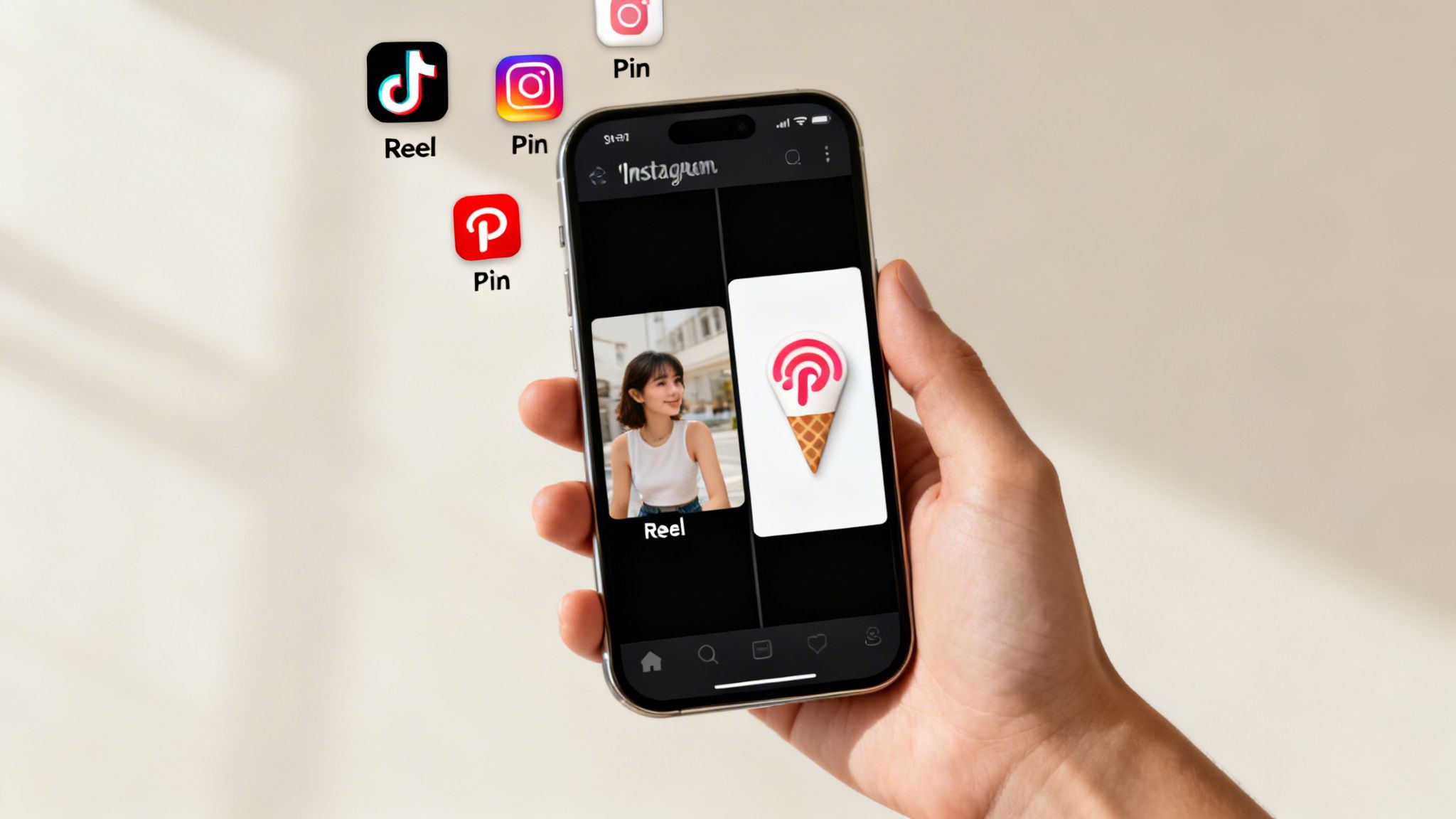 Hand holding a smartphone displaying Instagram with a Reel and Pin, surrounded by TikTok, Instagram, and Pinterest app icons.