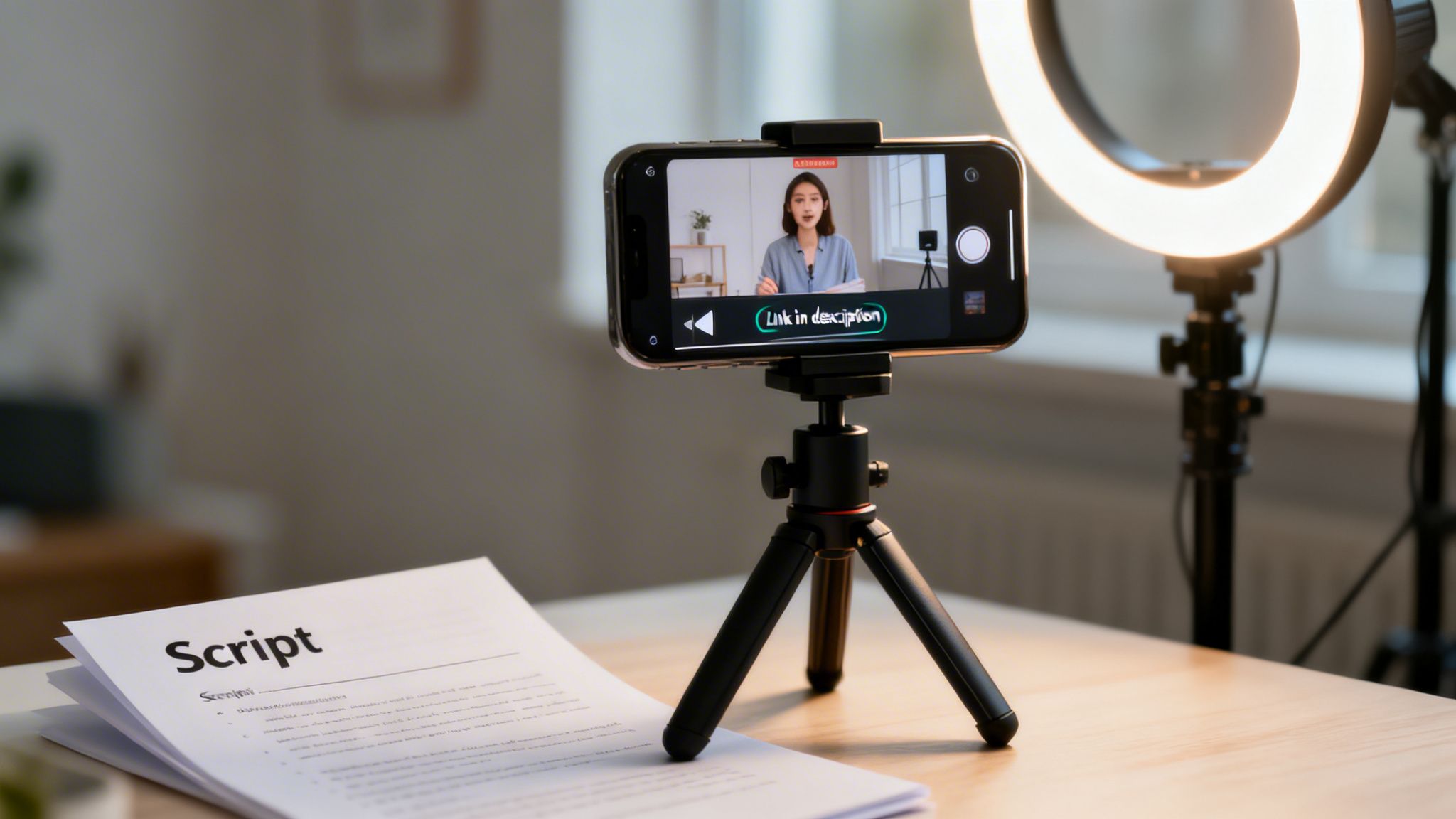 A smartphone on a tripod recording a video, with a script and ring light nearby.