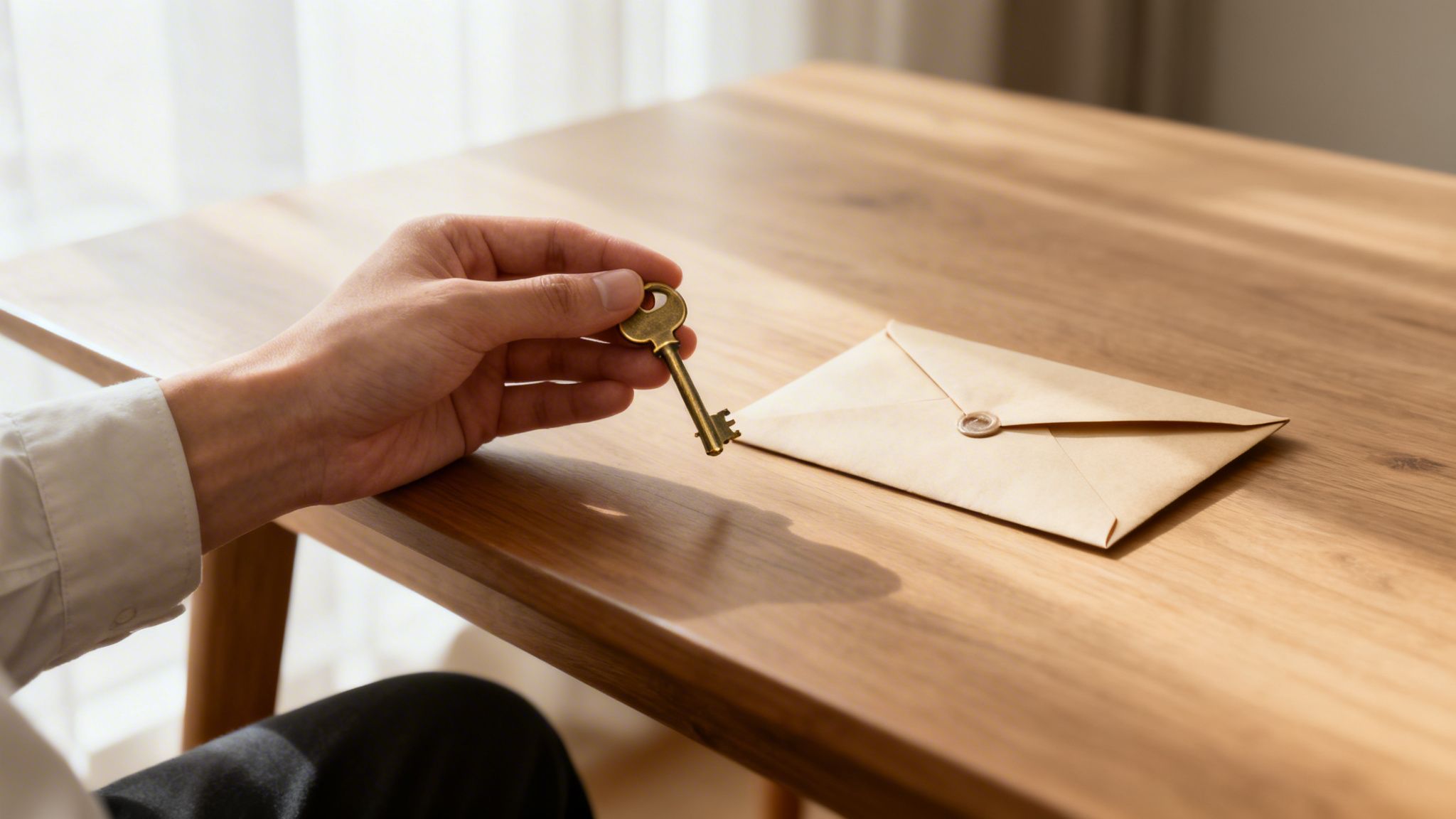 A person's hand holds an antique golden key over a wooden table with a sealed envelope.