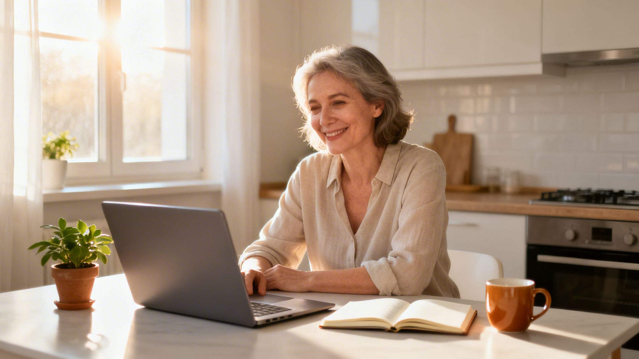 A happy senior woman uses a laptop in a sunlit kitchen, with a notebook and coffee mug.