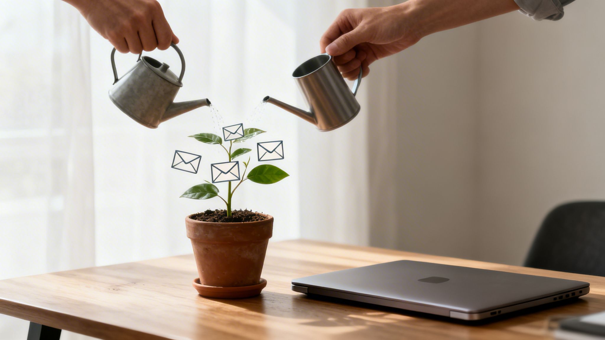 Two hands water a plant with email icons, symbolizing the growth of an <a rel=