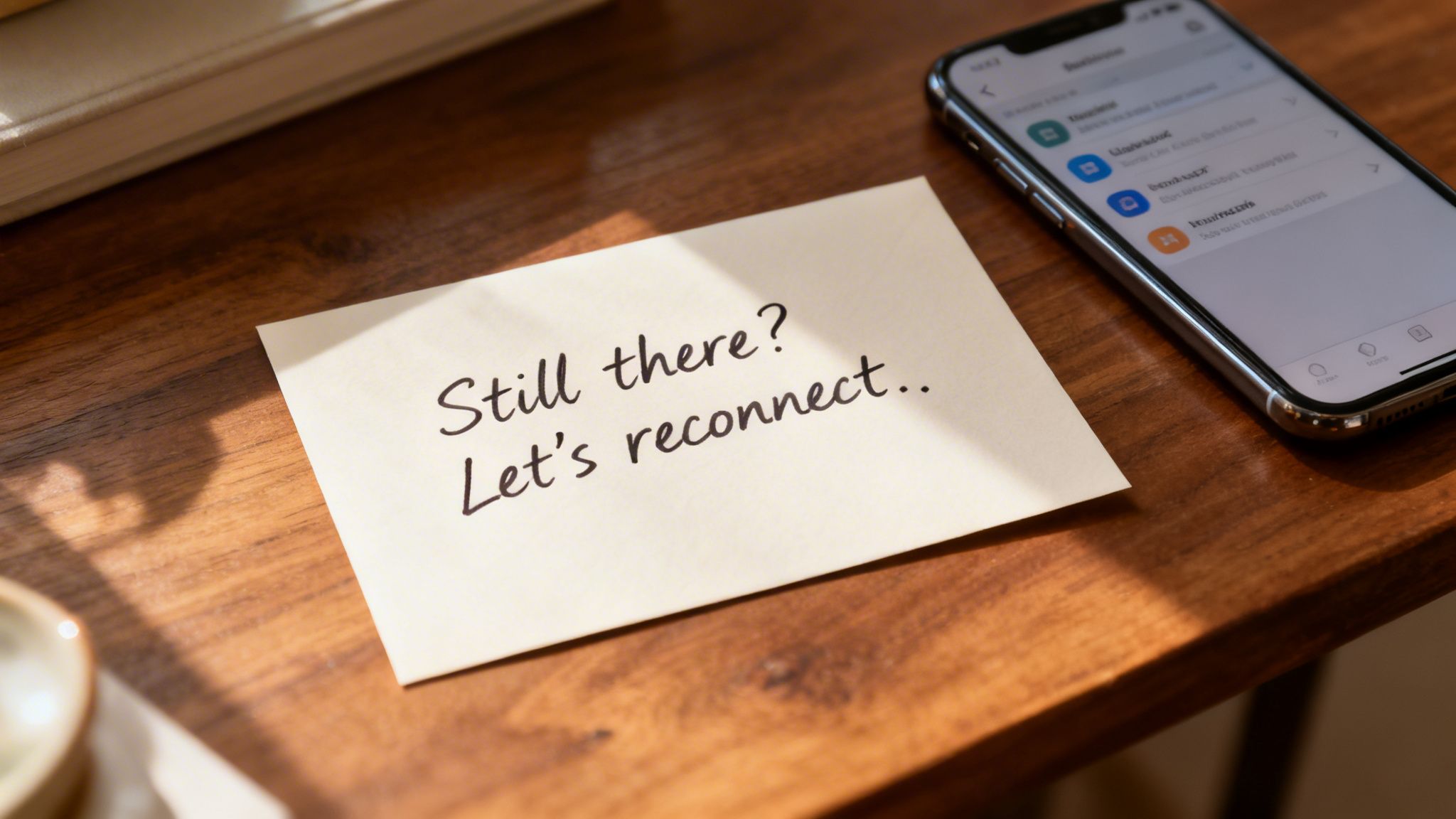 A handwritten note on a desk says 'Still there? Let's reconnect..' next to a smartphone.