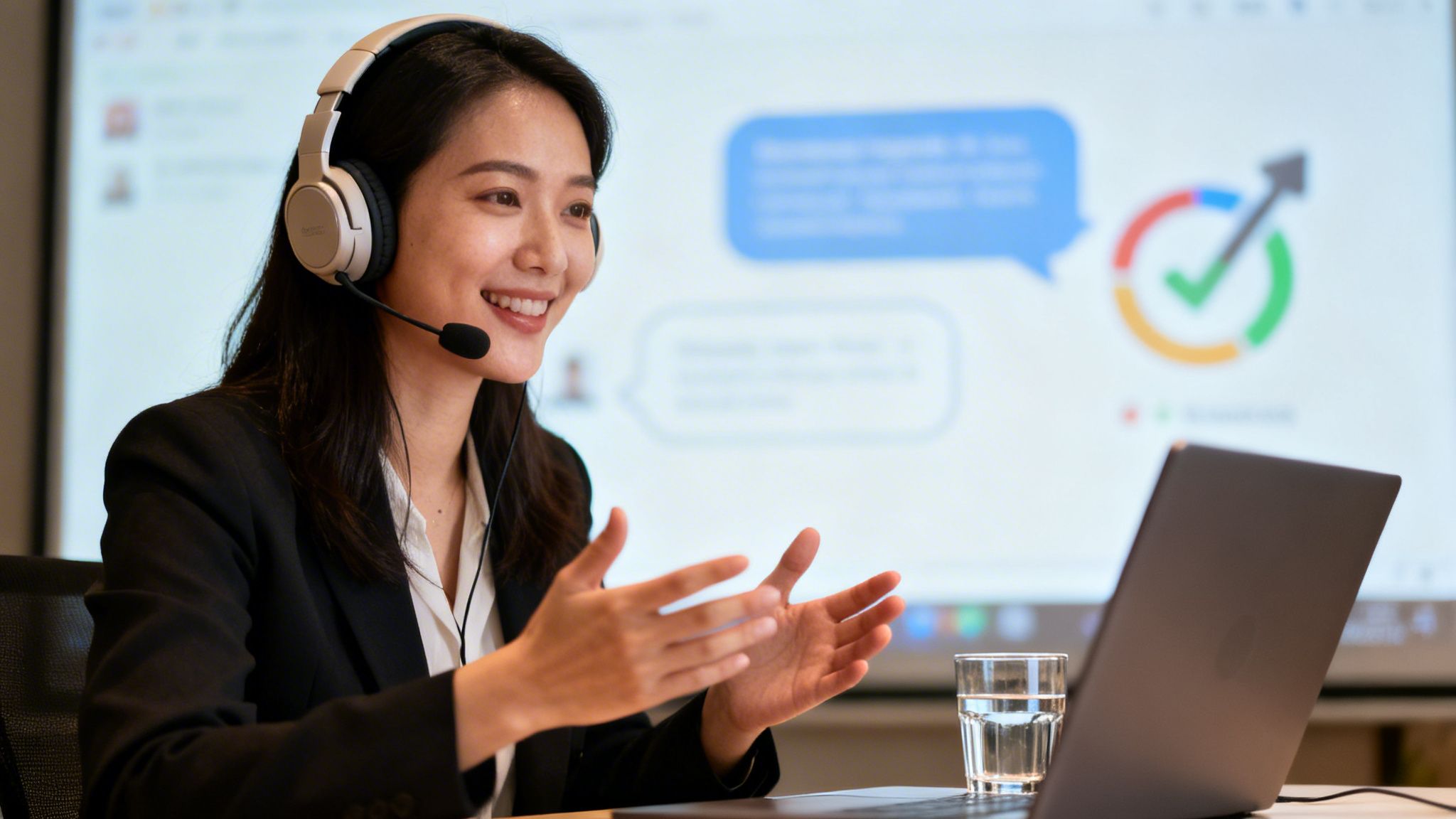 Happy Asian woman in a black suit with a headset participating in a webinar.
