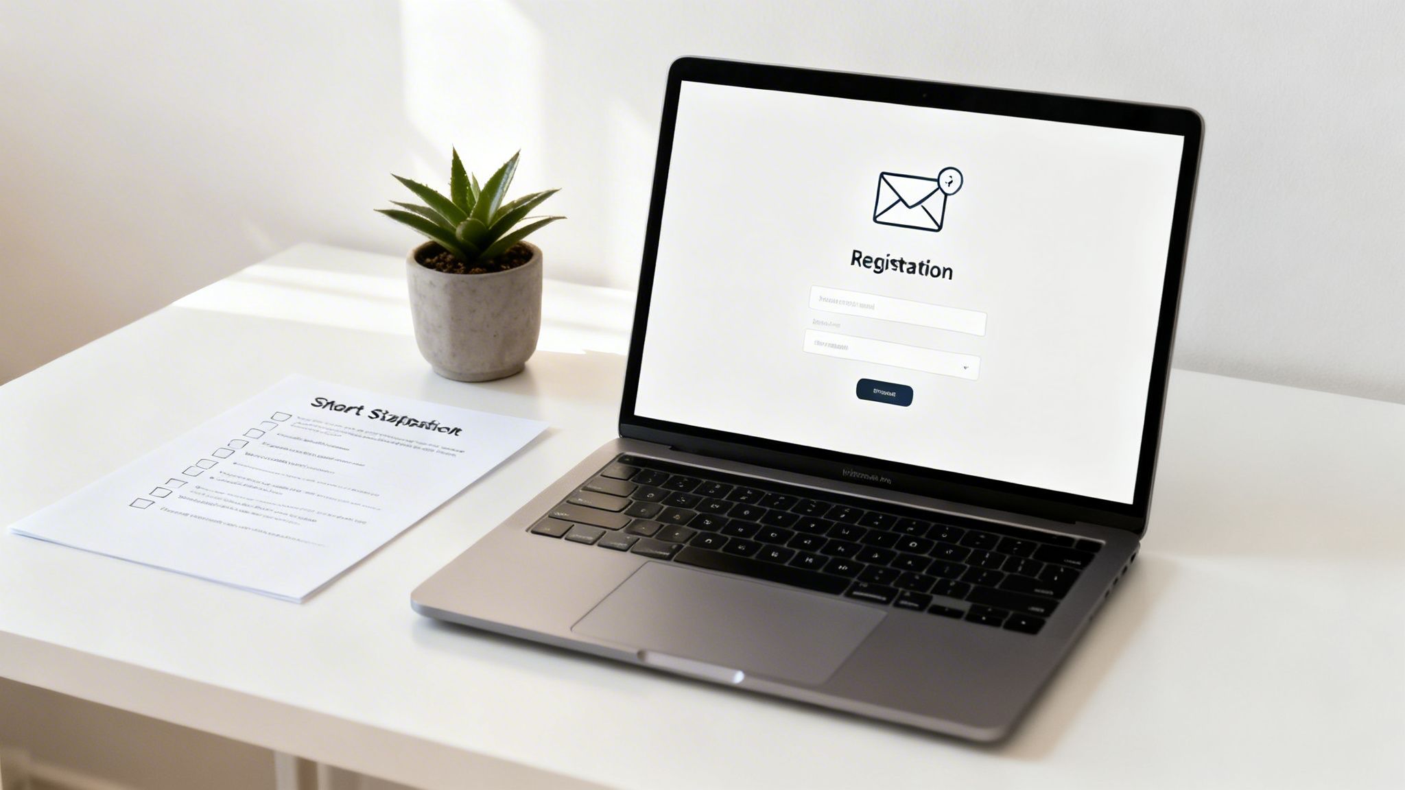 A laptop on a white desk displays a registration form, alongside a plant and a document with checkboxes.