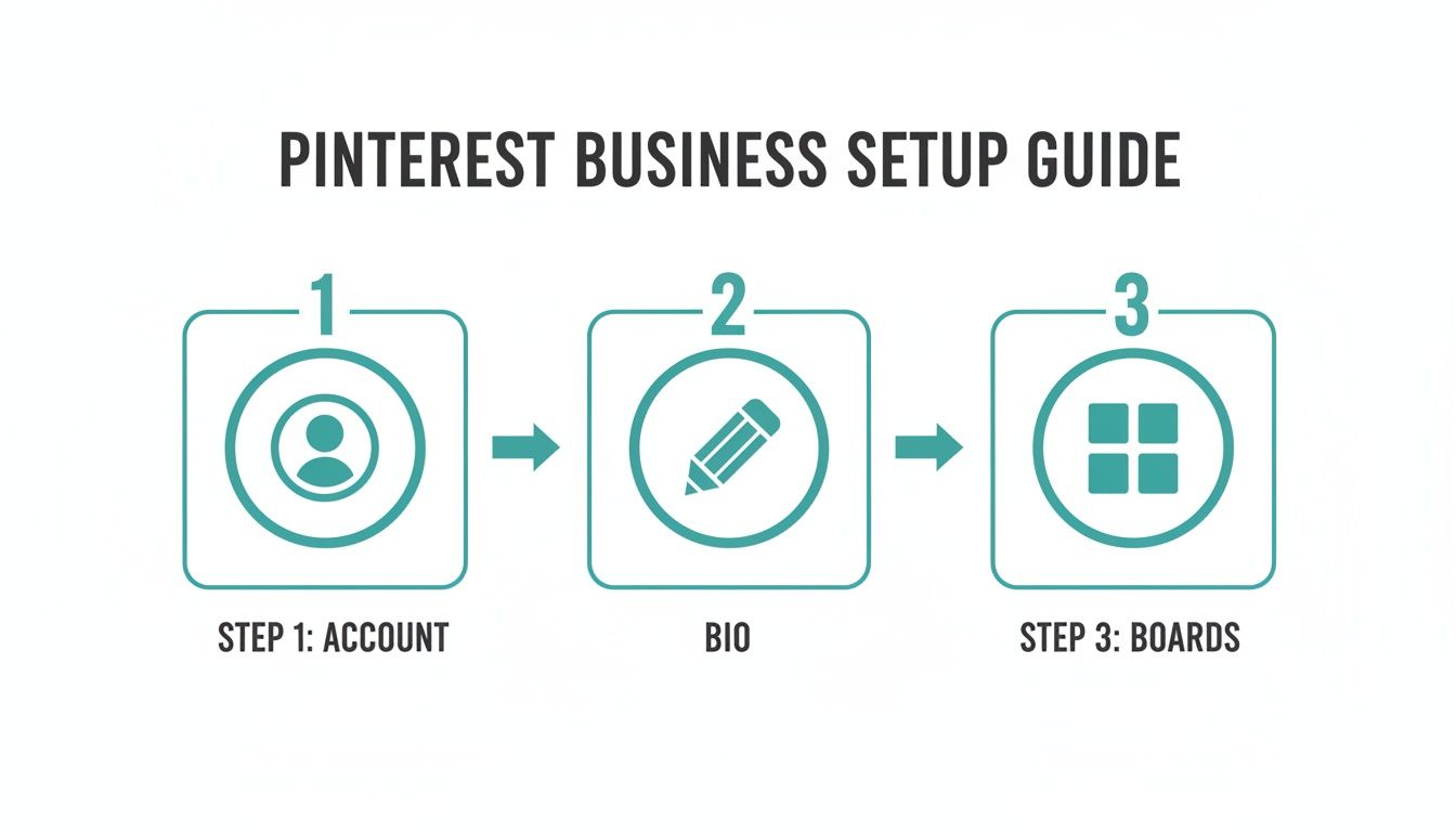 A visual guide illustrating the three steps for Pinterest business account setup: account, bio, and boards.