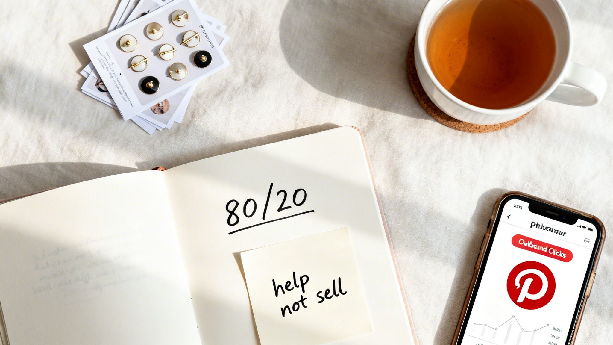 Overhead flat lay of business strategy: notebook with '80/20 help not sell,' Pinterest analytics, tea, and pins.