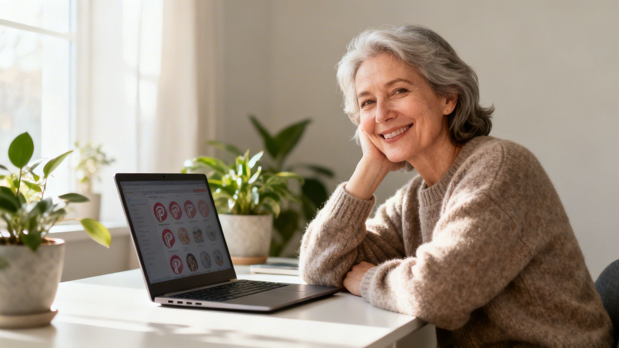 A smiling senior woman with gray hair uses a laptop displaying Pinterest, sitting at a bright desk.