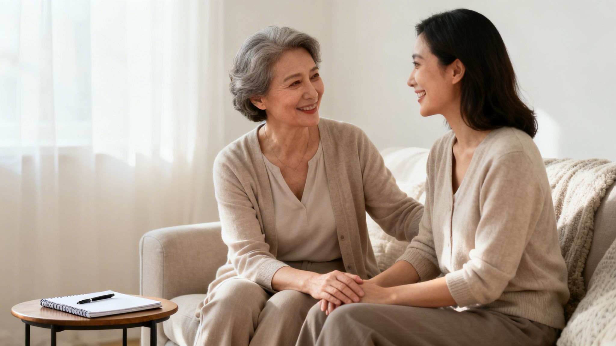 Happy Asian mother and daughter share a warm conversation on a bright sofa, holding hands.