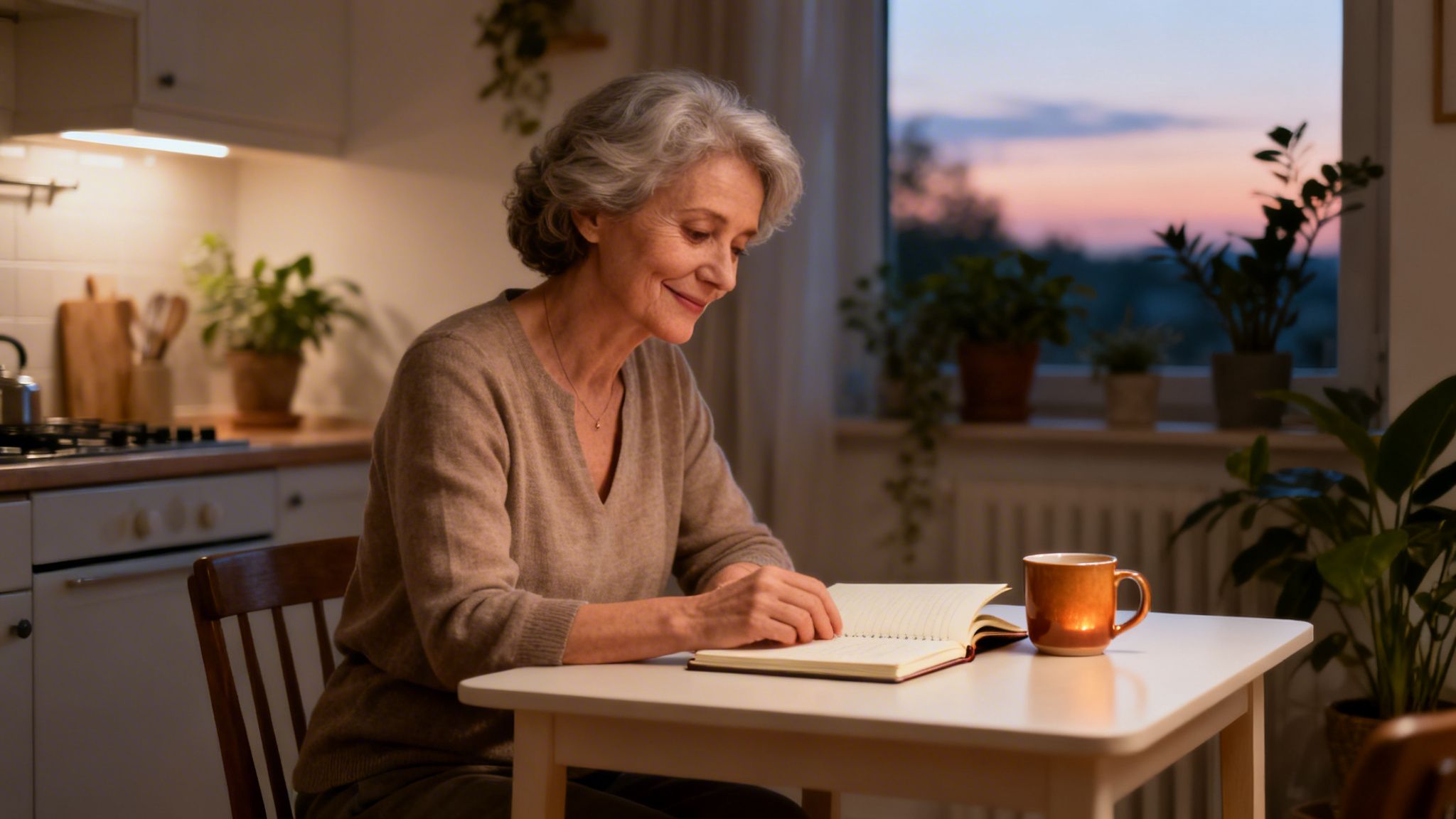 Smiling senior woman enjoying a quiet moment, reading a book at a table with a sunset view.