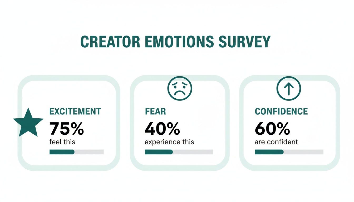 A creator emotions survey displaying results for excitement (75%), fear (40%), and confidence (60%).