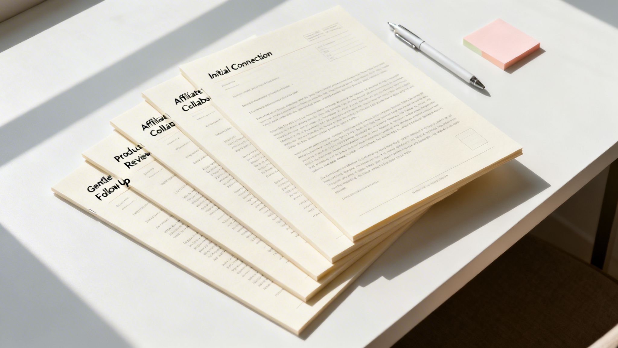 Stack of influencer outreach email templates and documents, a pen, and sticky notes on a bright white desk.