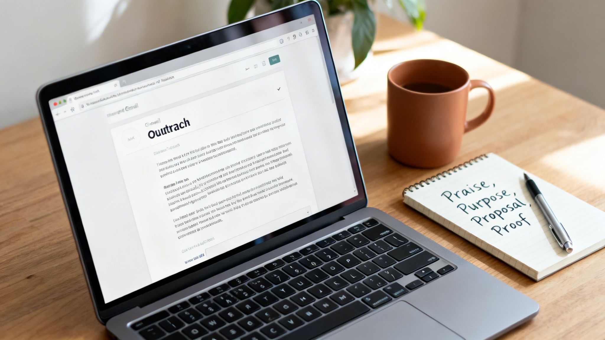 Laptop displaying an outreach email template, alongside a notepad with 'Praise, Purpose, Proposal, Proof' and a coffee mug.