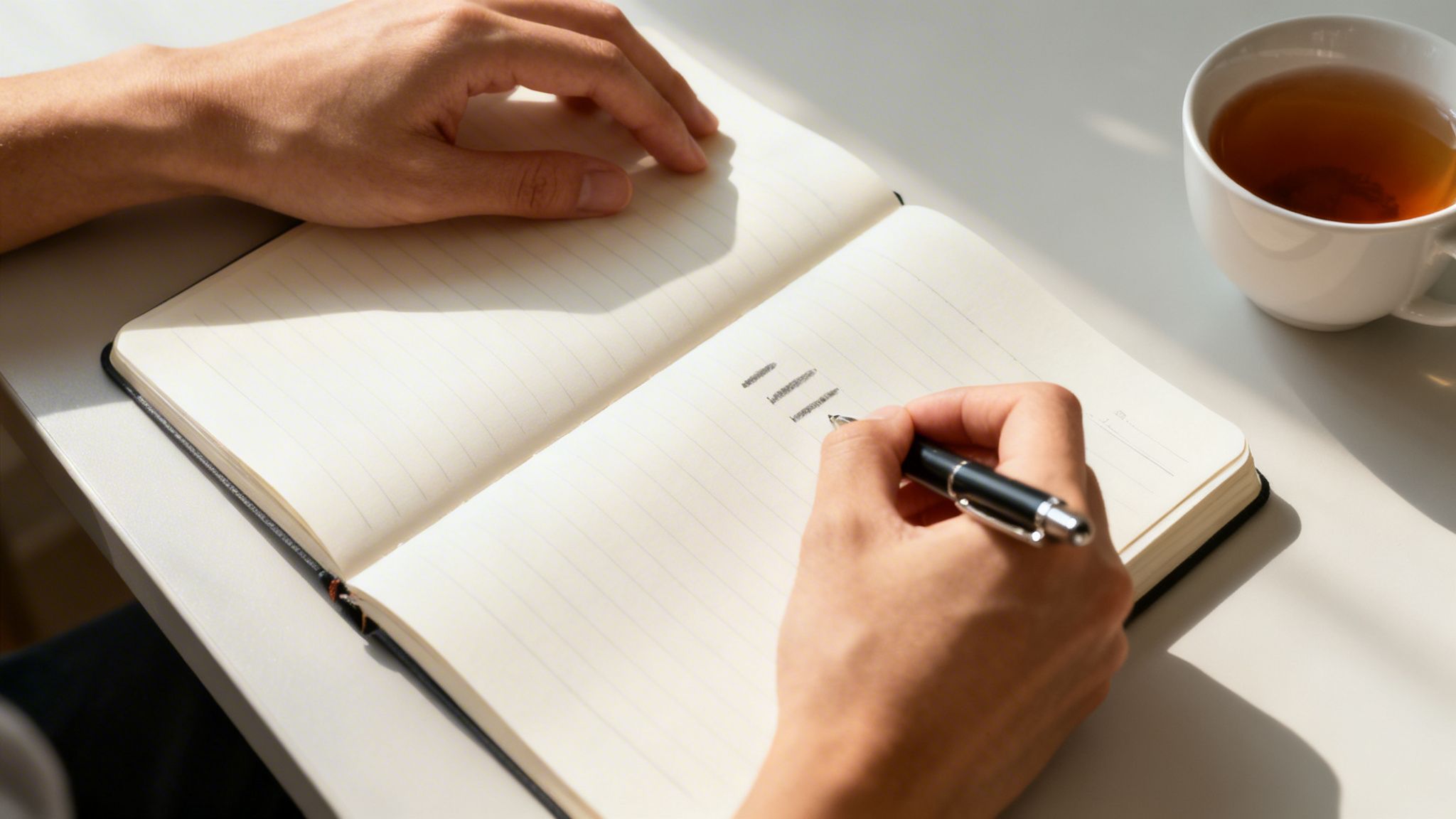 A person's hands writing in a lined notebook with a pen, next to a cup of tea.