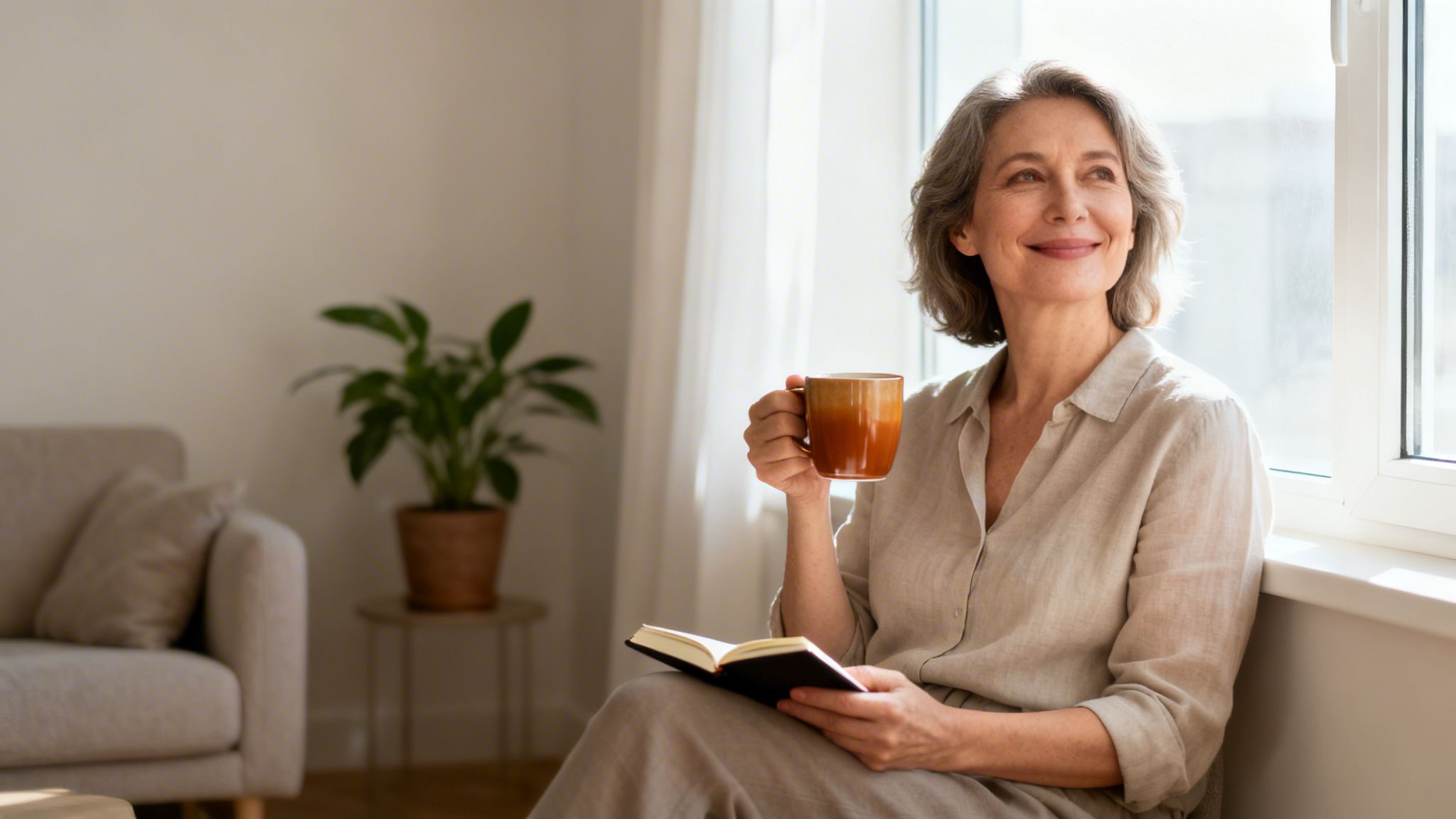 A content senior woman sips coffee and reads a notebook by a sunny window at home.