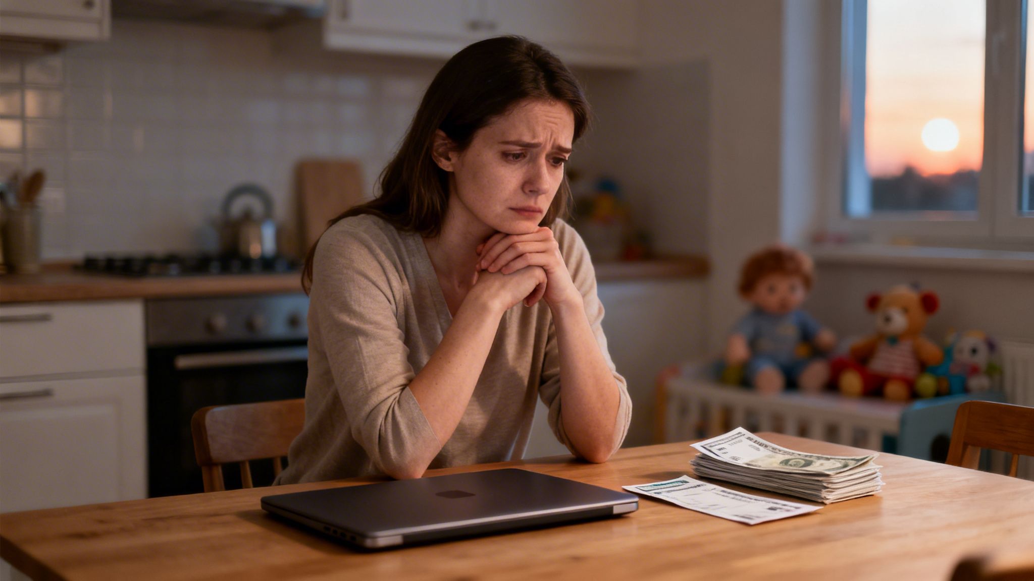 A distressed woman sits at a kitchen table with money and a laptop, appearing worried about finances.