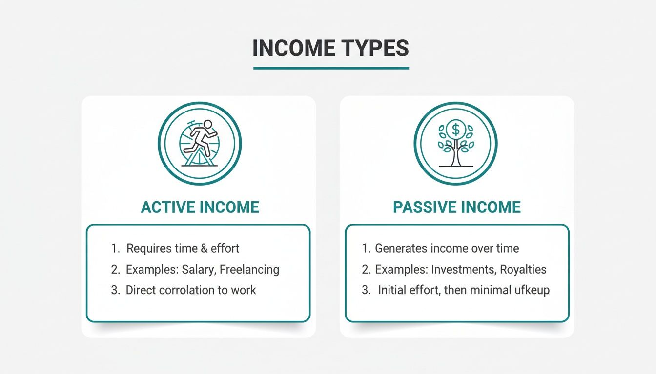 An infographic illustrating active income versus passive income, detailing characteristics and examples of each.
