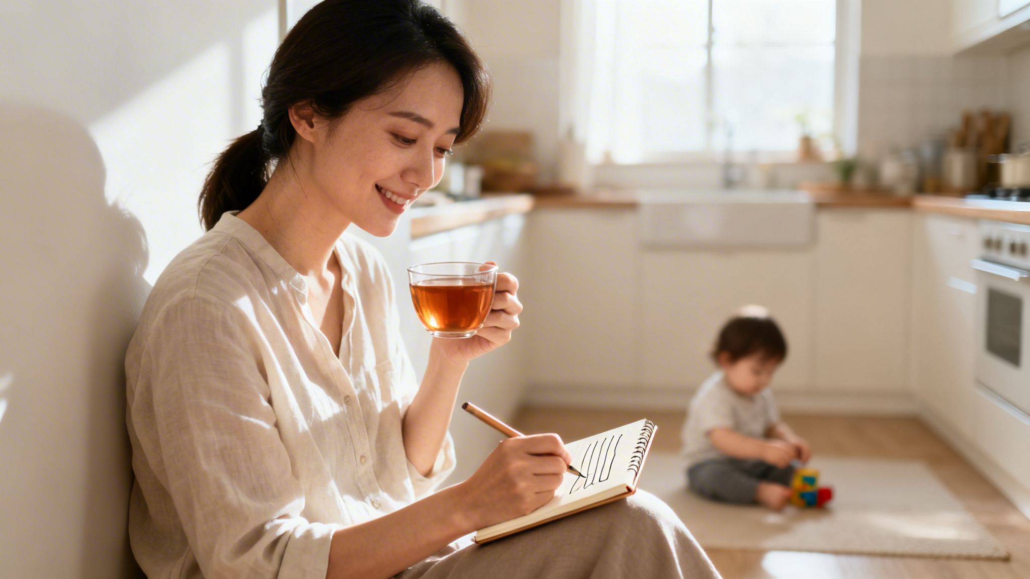 A smiling woman writes in a notebook, sipping tea, while a child plays nearby in a sunny kitchen.