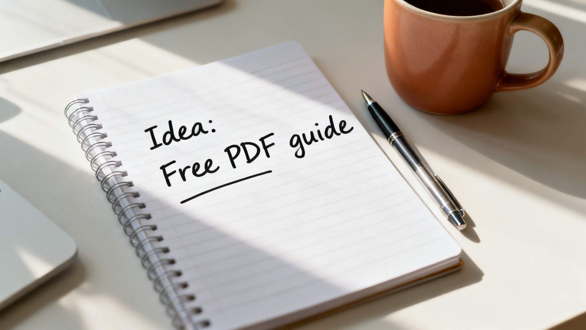 A spiral notebook with "Idea: Free PDF guide" written on a desk with a pen and coffee.