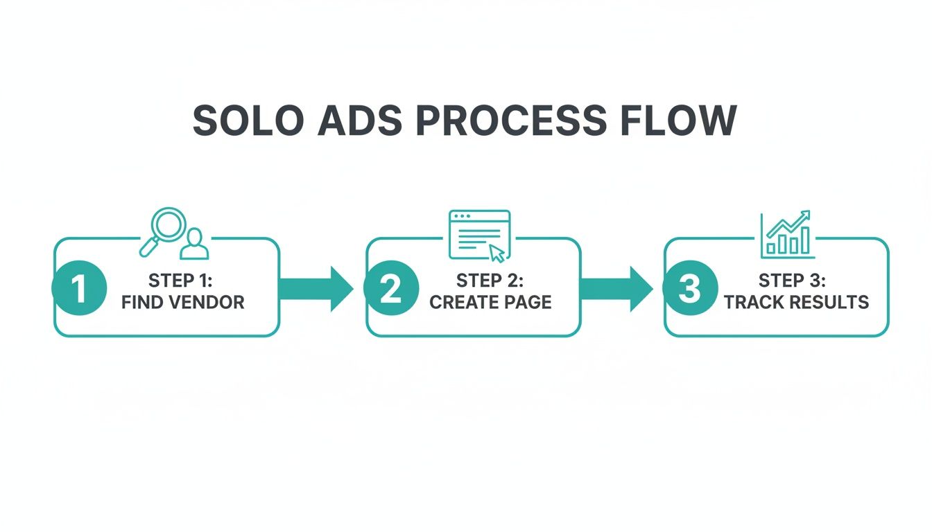 Flowchart illustrating the 3-step solo ads process: find vendor, create page, and track results.