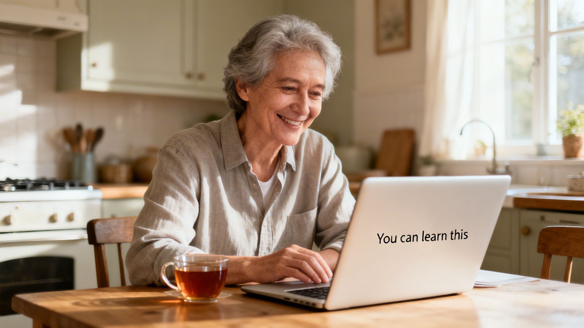 Happy senior woman learning online on laptop with text 'You can learn this' in her kitchen.